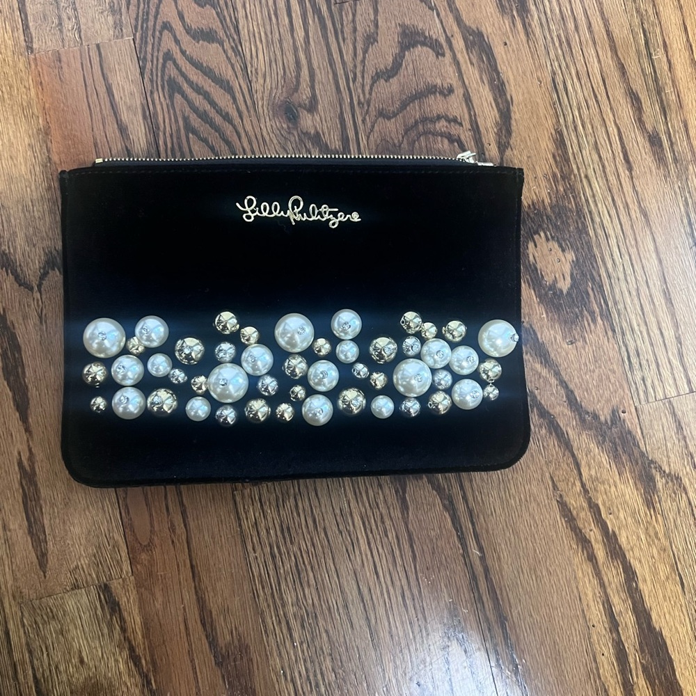 Lilly Pulitzer Black Velvet Clutch with Pearl & Crystal Embellishments